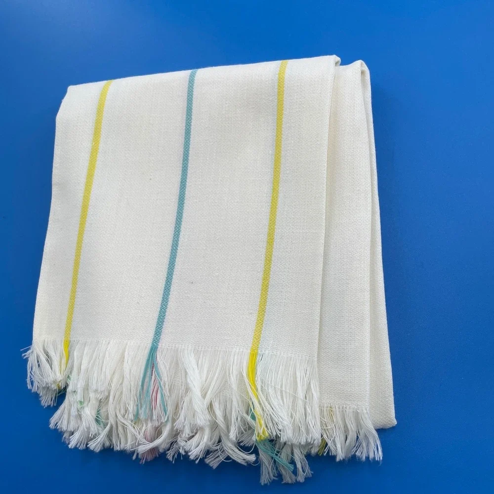 Vintage Pastel Ribbon Stripe Kitchen Towels Flat Weave 6 Matching Set Fringed